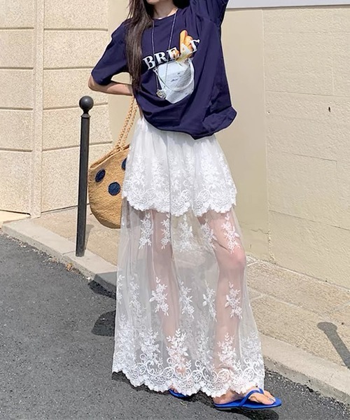 Y's　ワイズ　ロングスカート　総レース　白　黒　フレア　2　インナー付き gossip!ロサンゼルス ロング スカート Y2K 総レース ハイウエスト