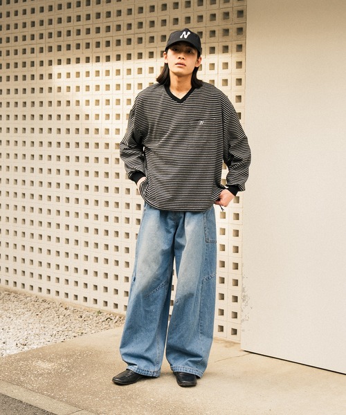 Nanmo. tシャツ DRAW MULTI-BORDER V-NECK L/S TEE /ドローコード