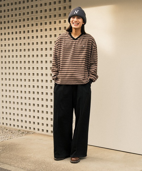 Nanmo. tシャツ DRAW MULTI-BORDER V-NECK L/S TEE /ドローコード