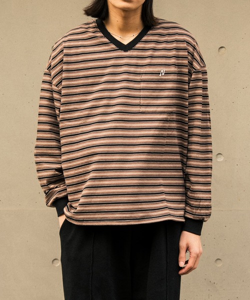Nanmo. tシャツ DRAW MULTI-BORDER V-NECK L/S TEE /ドローコード