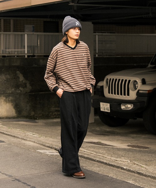 Nanmo. tシャツ DRAW MULTI-BORDER V-NECK L/S TEE /ドローコード