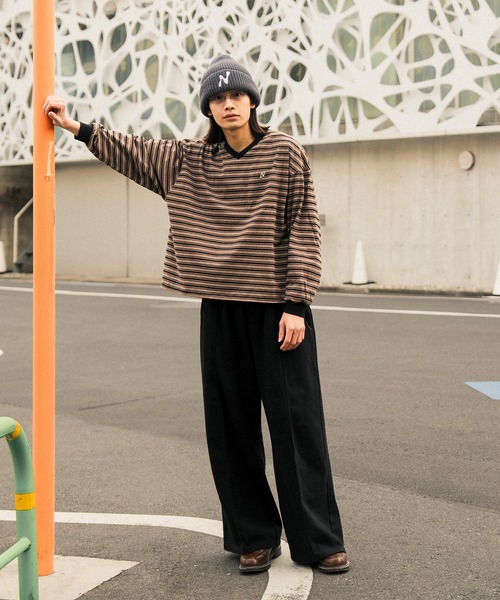 Nanmo. tシャツ DRAW MULTI-BORDER V-NECK L/S TEE /ドローコード