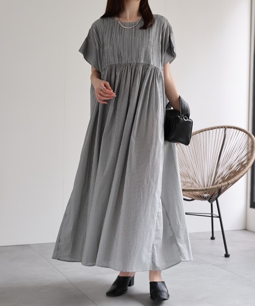 ★ChicLine★ ストライプバックゴムシャツワンピース ☆ChicLine☆ ストライプバックゴムシャツワンピース