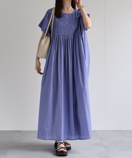 【ぴーなっつさん専用】ストライプワンピース　ワンピース LIMITED EDITION ストライプ柄 ゴデットワンピース - ネイビー