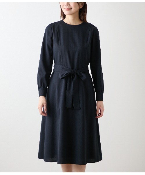 未使用✨ニューヨーカー【17号】シルク混ボーダーひざ下丈ワンピース　定価2.7万 ジオメトリックジャカード 7分袖ワンピース(51443121-2024