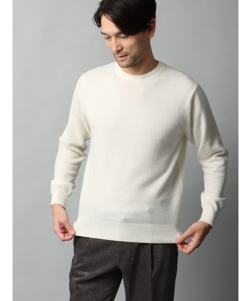 新品　現行　ムータマリン　ライン クルーネックセーター 　カシミア　ホワイト セーター ニット クルーネックニット 長袖 カシミヤ 無地 メンズ