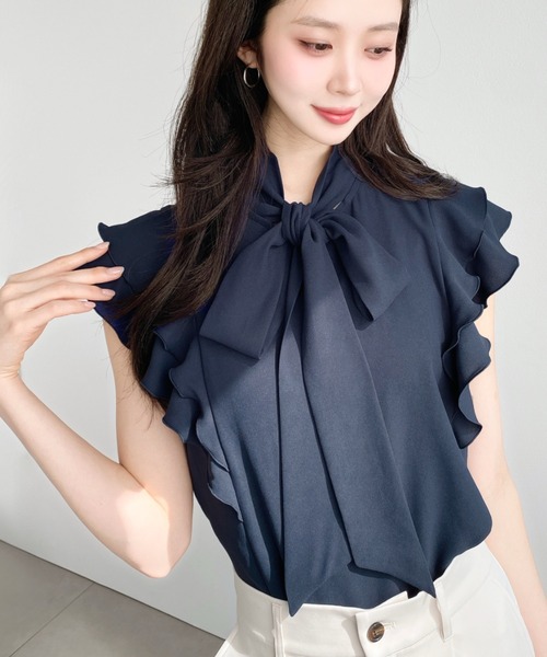moment+ ブラウス シャツ 厚手シフォンラッフルフリルボウタイブラウス