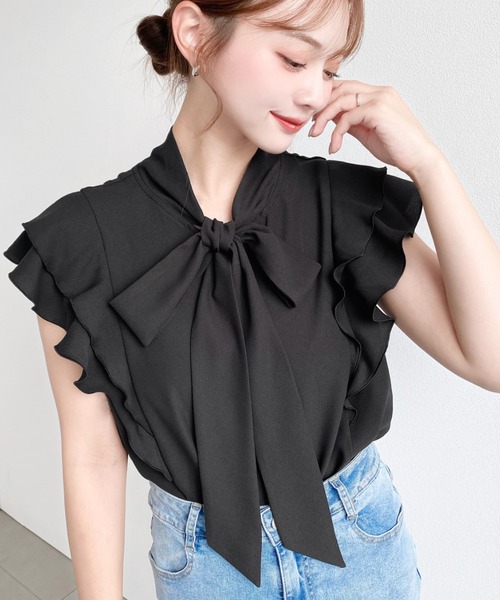 moment+ ブラウス シャツ 厚手シフォンラッフルフリルボウタイブラウス