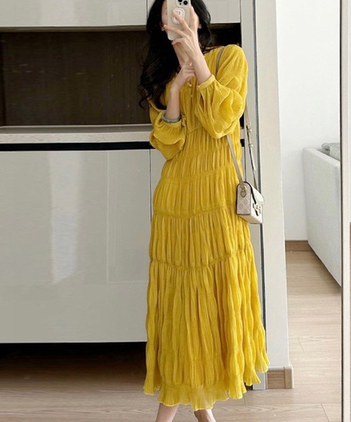 ▼24SS美品✨ プラージュ tiered ドレス ティアードVネックワンピース ＆soiree（アンドソワレ） ワンピース Vネックワッシャー加工
