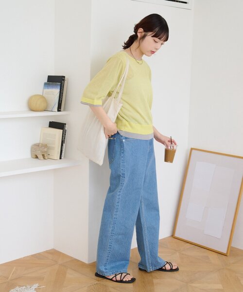 カーディガン 「接触冷感/一枚で決まる」レイヤードライク配色5分袖シアーニットカーデ レディースの画像