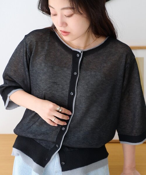 カーディガン 「接触冷感/一枚で決まる」レイヤードライク配色5分袖シアーニットカーデ レディースの画像