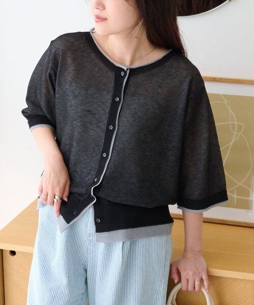 カーディガン 「接触冷感/一枚で決まる」レイヤードライク配色5分袖シアーニットカーデ レディースの画像