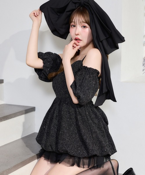 光沢ブラックミニドレス✨リボン＆チュールが可愛いワンポイントドレス 新品 未使用 光沢ブラックミニドレス リボン＆チュールが可愛いワン