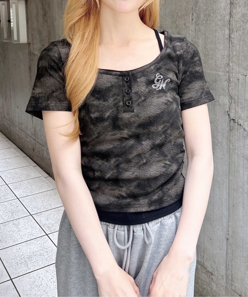 INGNI（イング） tシャツ ムラ染めヘンリーネックレイヤード胸ロゴ 