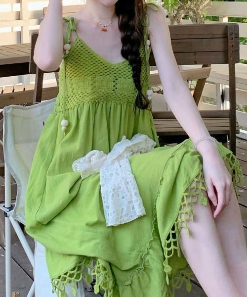 Sally Lunn ワンピース クロシェ編みドッキングロングキャミワンピース