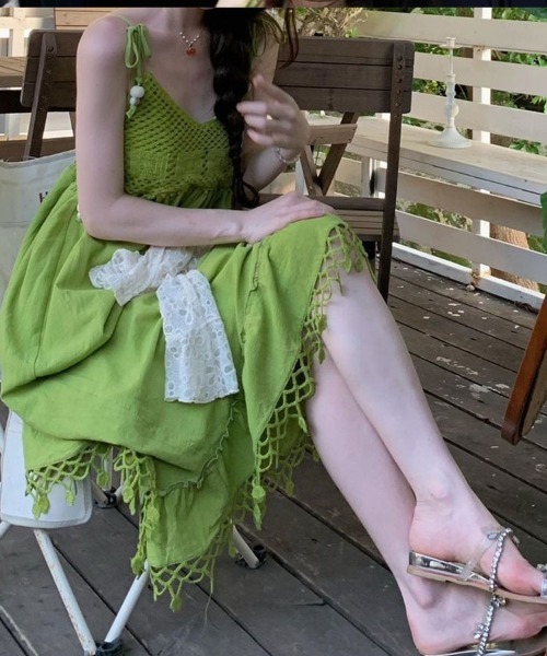 Sally Lunn ワンピース クロシェ編みドッキングロングキャミワンピース