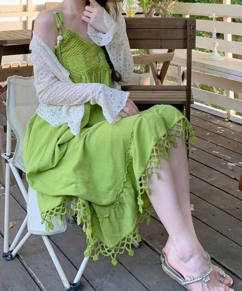 Sally Lunn ワンピース クロシェ編みドッキングロングキャミワンピース