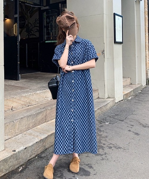 Aelina ワンピース 半袖 チェック柄半袖デニムワンピース : ZOZOTOWN