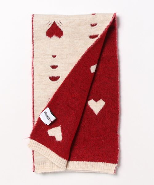 グレー フリンジ付きマフラー 赤いハート刺繍 マフラー 「HOOK」ダメージ風ハート模様マフラー (AW) メンズ