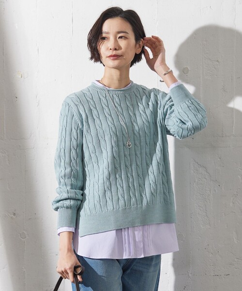 ニット セーター 「洗える」GIZA MERCERIZE COTTON ケーブル ニット レディース