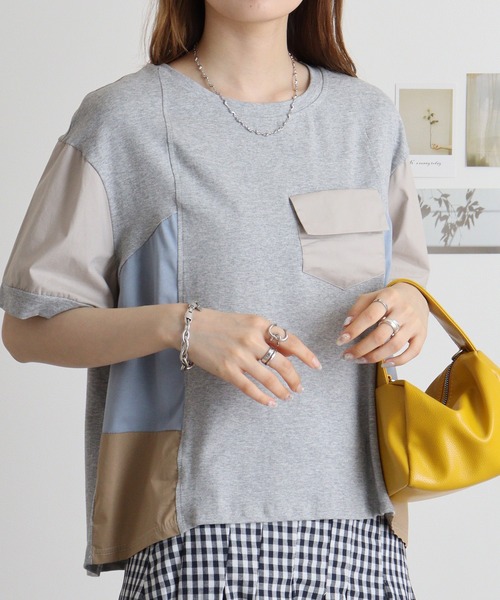 tシャツ a.n.l 素材切替えプルオーバー レディース tシャツ A.N.L 異素材切り替え配色プルオーバー レディース