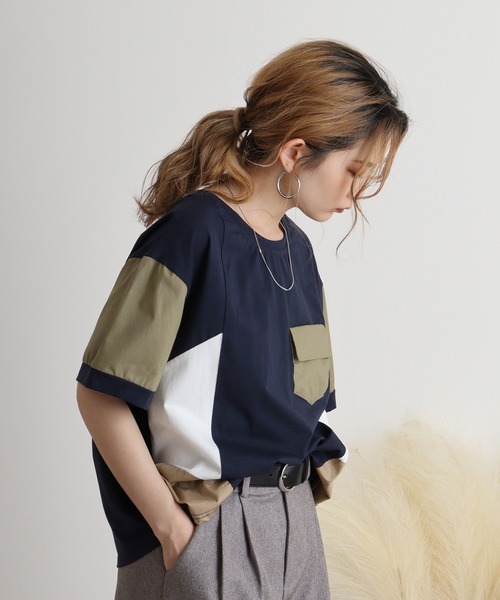 tシャツ A.N.L 異素材切り替え配色プルオーバー レディース tシャツ A.N.L 異素材切り替え配色プルオーバー レディース