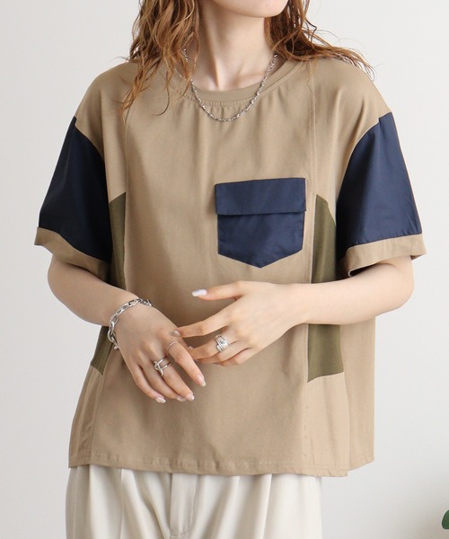tシャツ a.n.l 素材切替えプルオーバー レディース tシャツ A.N.L 異素材切り替え配色プルオーバー レディース