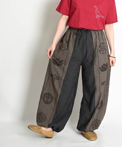 Supreme サルエルパンツ ブラウン花柄 marai（マーライ） パンツ エスニック柄プリント ウエストゴム バイ