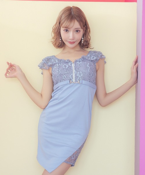 Tika ドレス キャバドレス ジッパーフラワーレース切り替え半袖フリル 