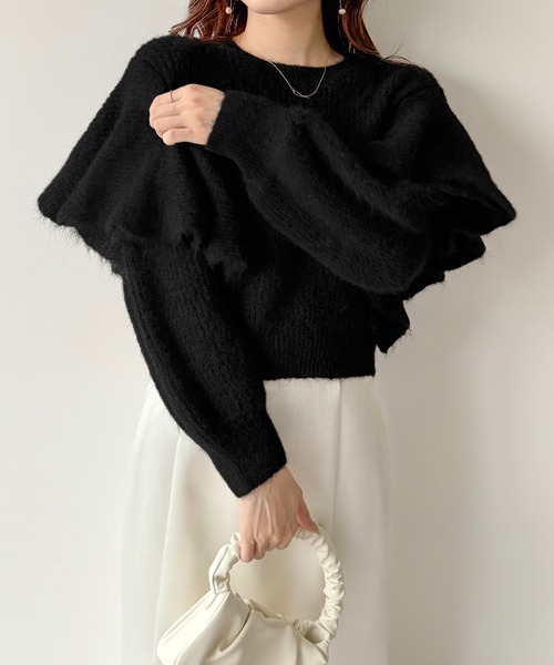 OHGA SHEER KNIT フリル襟ニットセーター 長袖　ブラック ur's（ユアーズ） ニット セーター アルパカチュール肩フリルニット