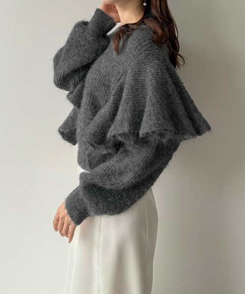 JUNOAH（ジュノア） ニット セーター ショート丈メランジ片畔フリル