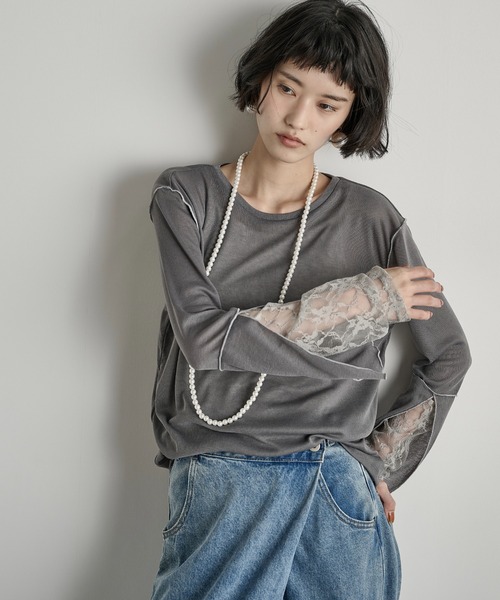 THE Yon tシャツ 袖レースレイヤードシアーロングスリーブPO