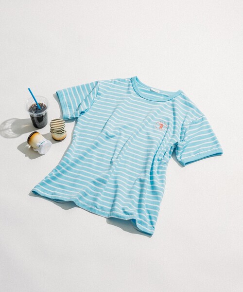 tシャツ 別注 POOLSIDE COFFEE ロゴボーダーTシャツ/プールサイドコーヒー/リンガー ボーダーTシャツ/カラーボーダー レディース