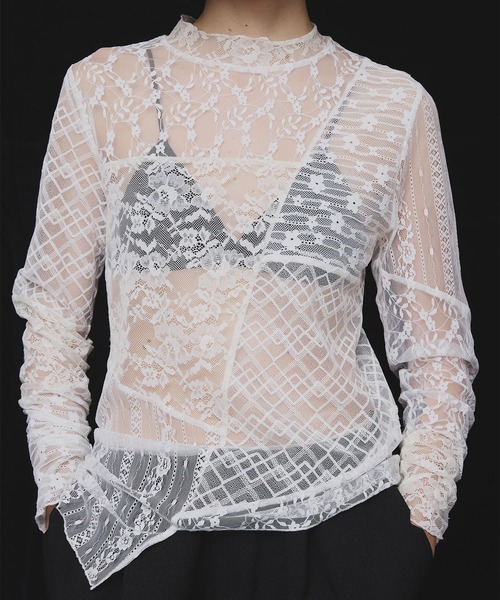Ameri（アメリ） LACE PATCHWORK ASYMMETRY TOP レディース : ZOZOTOWN