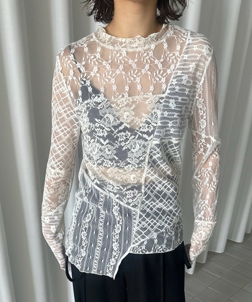 Ameri（アメリ） LACE PATCHWORK ASYMMETRY TOP レディース : ZOZOTOWN