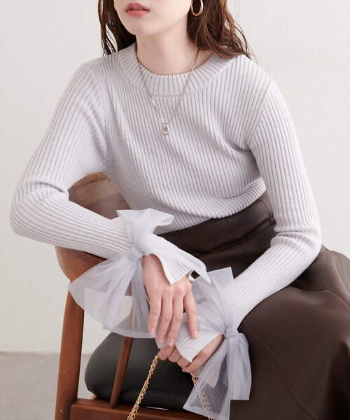 natural couture ニット セーター 袖口チュールリボンニット