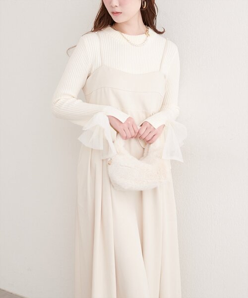 natural couture ニット セーター 袖口チュールリボンニット