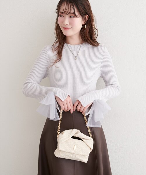 natural couture ニット セーター 袖口チュールリボンニット