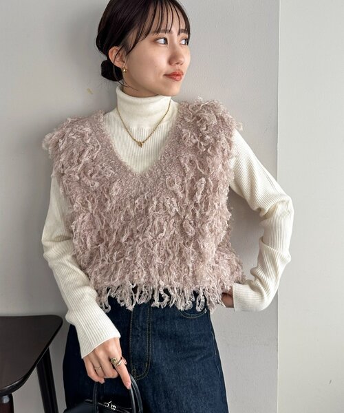 バンフォード コットン フリンジ ベスト ジレ Vネック 44 白 ホワイト Discoat（ディスコート） ベスト ジレ フリンジVネックベスト