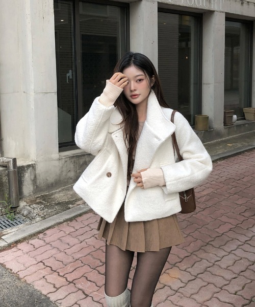 FAVORITO ピーコート pコート スタンドカラーダブルブレストショート