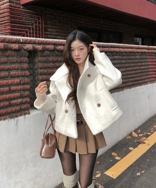 FAVORITO ピーコート pコート スタンドカラーダブルブレストショート