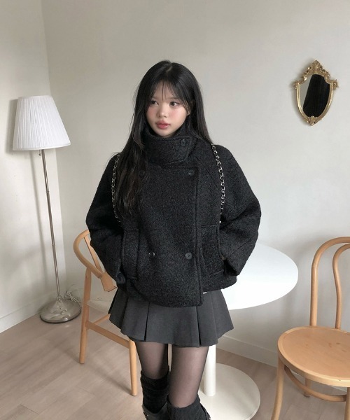 FAVORITO ピーコート pコート スタンドカラーダブルブレストショート