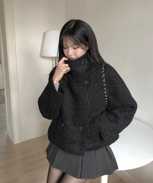 ブラック ウール ダブルブレスト ピーコート FAVORITO ピーコート pコート スタンドカラーダブルブレストショート