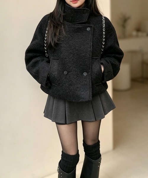 FAVORITO ピーコート pコート スタンドカラーダブルブレストショート