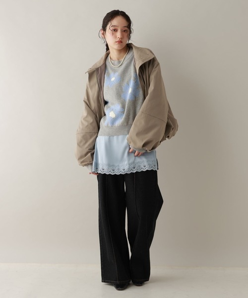 【ブルーグレー】フラワージャガード 7分袖 Vネック ニットTシャツ RAGEBLUE（レイジブルー） ニット セーター フラワーモチーフ