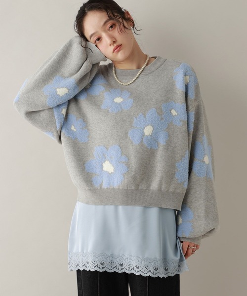 【ブルーグレー】フラワージャガード 7分袖 Vネック ニットTシャツ RAGEBLUE（レイジブルー） ニット セーター フラワーモチーフ
