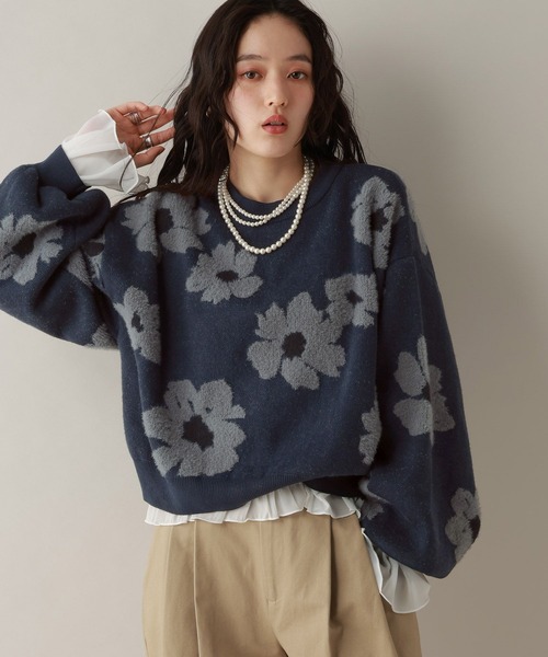 【ブルーグレー】フラワージャガード 7分袖 Vネック ニットTシャツ RAGEBLUE（レイジブルー） ニット セーター フラワーモチーフ