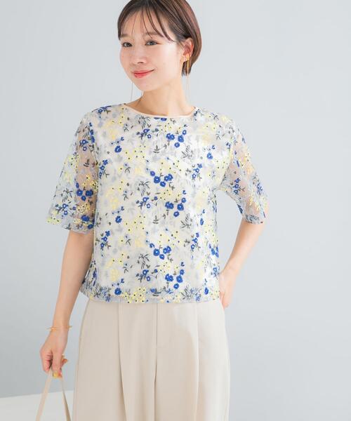 ブラウス シャツ フラワー刺繍セミシアーブラウス レディース