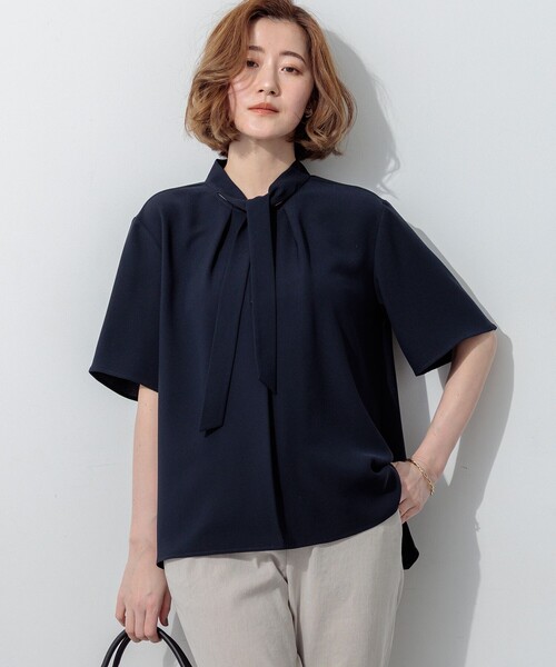 SHE Tokyo ジョーゼットボウタイブラウス ブラック 23区（ニジュウサンク） tシャツ 半袖 ストレッチジョーゼット