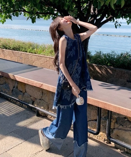 Aelina セットアップ ノースリーブデニムトップス+パッチワークデニム